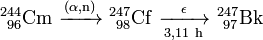 \mathrm{^{244}_{\ 96}Cm\ \xrightarrow[]{(\alpha,n)} \ ^{247}_{\ 98}Cf\ \xrightarrow[3,11 \ h]{\epsilon} \ ^{247}_{\ 97}Bk}